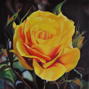 Rose for you, 11,8 x 11,8 in, Yellow Rose, Original Oil Paintings, Flower, Rose, Nature, Hand painted, Oil, Canvas, Realism, Yellow, Green