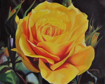 黄色いバラの油絵：手描きの花の写実主義（11.8x11.8インチ） - Etsy 日本
