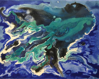 Blue Abstract Acrylic Painting, Contemporary Office Art (15.7 x 21.7 in)