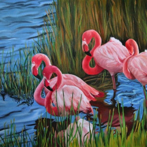 Flamingos Painting, Original Oil on Canvas Painting, Realistic Animal Art, Bird Art, Christmas Gift, Water painting, Lake With Flamingos