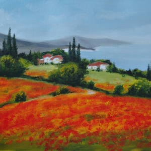 Landscape with flowers, Oil on Canvas, Trees painting, Mountain painting, Sea, Sky, Realism painting, Poppies Landscape, 15.7 x 21.7 in