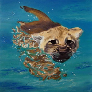 Floating Tiger, Wild Cat Painting, Tiger Portrait, Original Oil on Canvas Art, Wet, Water Painting, Realism, Waves, Certificate attached,