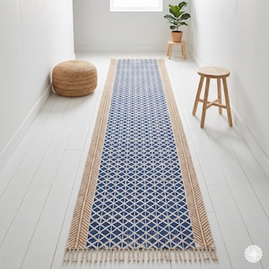 Boho katoenblauw vloerkleed gangloper, antislip badmattapijt, zacht aangepast traplopertapijt, katoenen nachtkastje, wasbaar keukentapijt