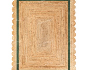 Ausgebogter Teppich, Jakobsmuschelteppich mit grünem Rand, Natürlicher Juteteppich/Fußmatte/Läufer, Handgeflochtener Teppich, Juteteppich in Sondergröße, Dekorativer Teppich