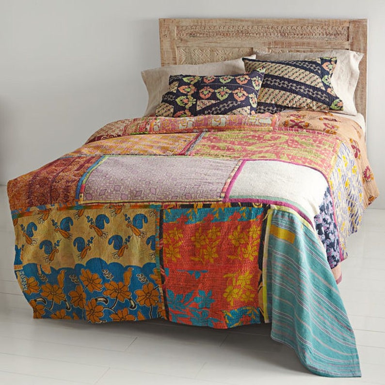 Vintage Hand Made Patchwork Kantha Quilt Bed Spread Throw King Size Home Decor Decorative Quilts Bedspreads Garden Vintage Hand Made Patchwork Kantha, Quilts For King Size Beds