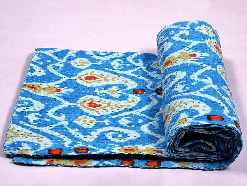 Multi Ikat Blue Kantha Throw Indian Handmade Kantha Quilt Etsy