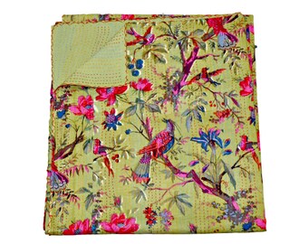 Floral Printed Queen Kantha Bedspread Bohemian Kantha Bedding Indian Kantha Quilt Baby Blanket
