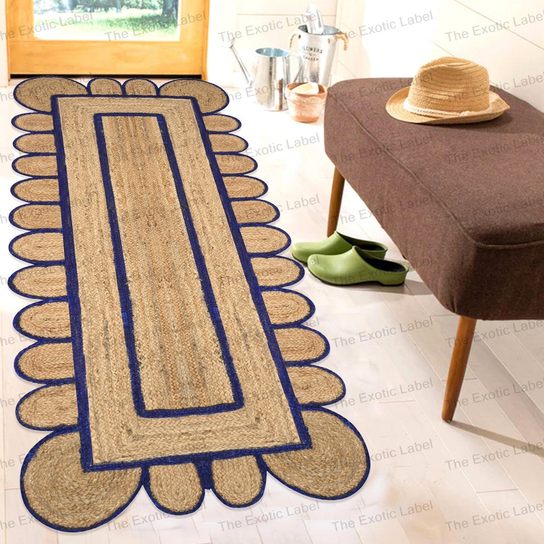 Navy Scallop Runner, Natural Jute Runner, Scalloped Rug, Jute Hallway