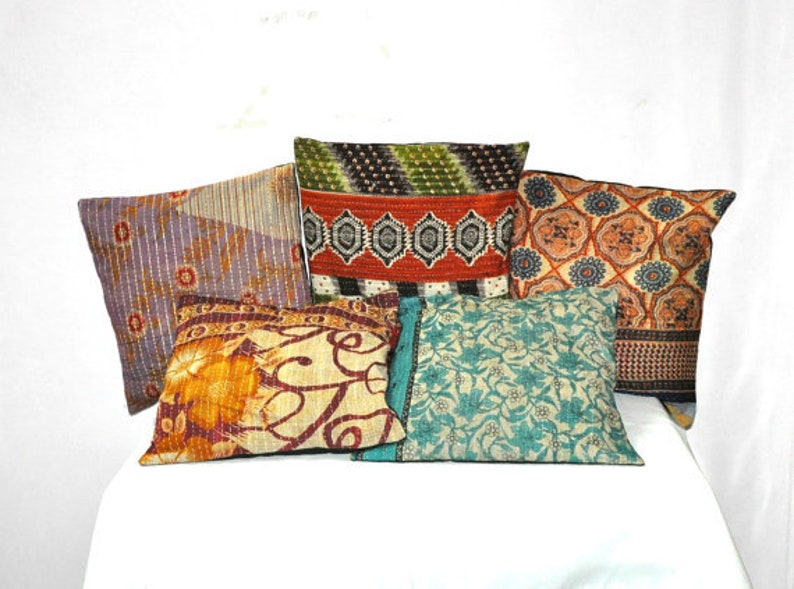 Vintage Kantha Decorative throw Pillow Set Of 5 Pillow Cover Kantha Pillow
