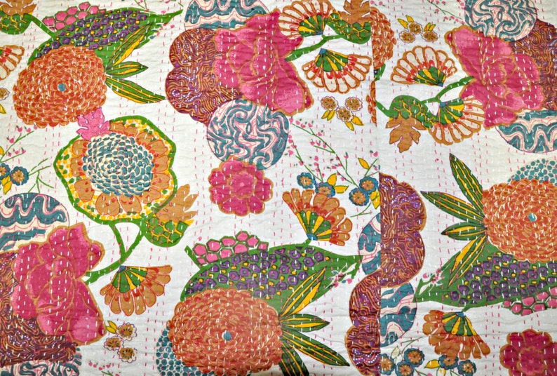 White Tropical Kantha Quilt in Queen Size Bohemian Kantha Etsy Canada