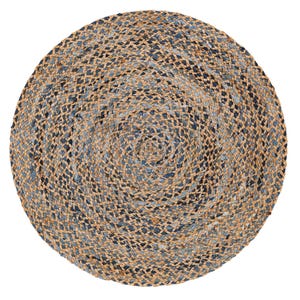 May include: Round jute rug with a braided design. The rug features a natural tan color with interwoven sections of blue and gray, creating a textured pattern. The rug is circular and suitable for various home decor styles.