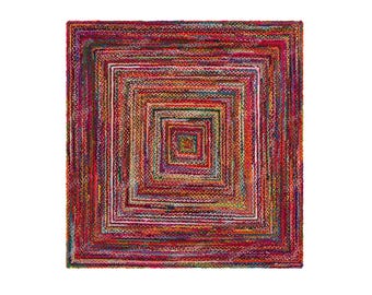 May include: A square, multi-colored rug with a nested square design. The rug features a vibrant mix of red, orange, yellow, green, and purple hues. The concentric squares create a visually appealing, geometric pattern, suitable for home decor.