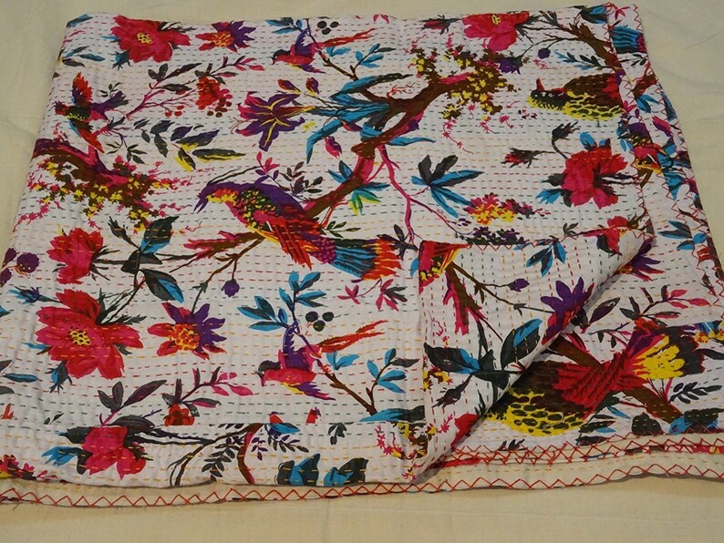 White Kantha Quilt Indian Handmade Queen Kantha Throw Boho Etsy