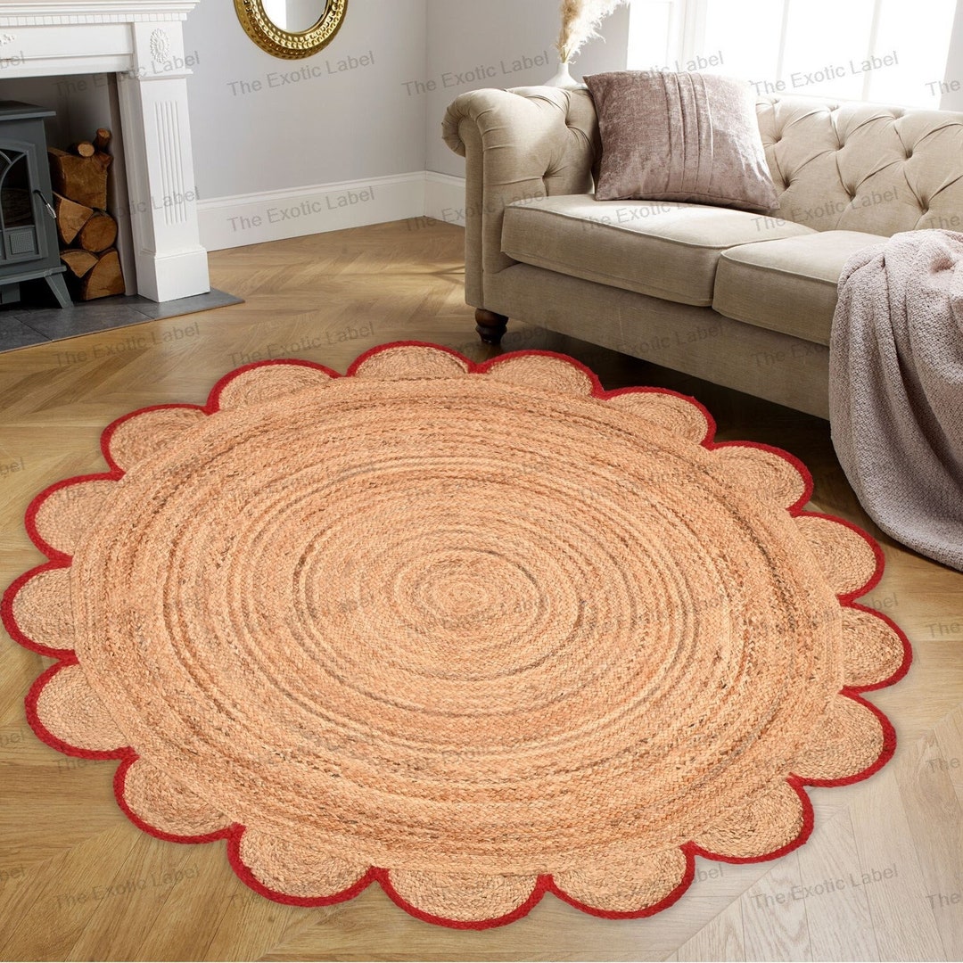 Red Trim Jute Scallop Round Rug 8 Feet, Boho Round Scalloped Jute Rugs ...