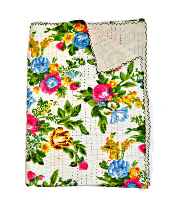 Handmade Floral Kantha Quilt Queen Kantha Blanket Indian Queen Etsy