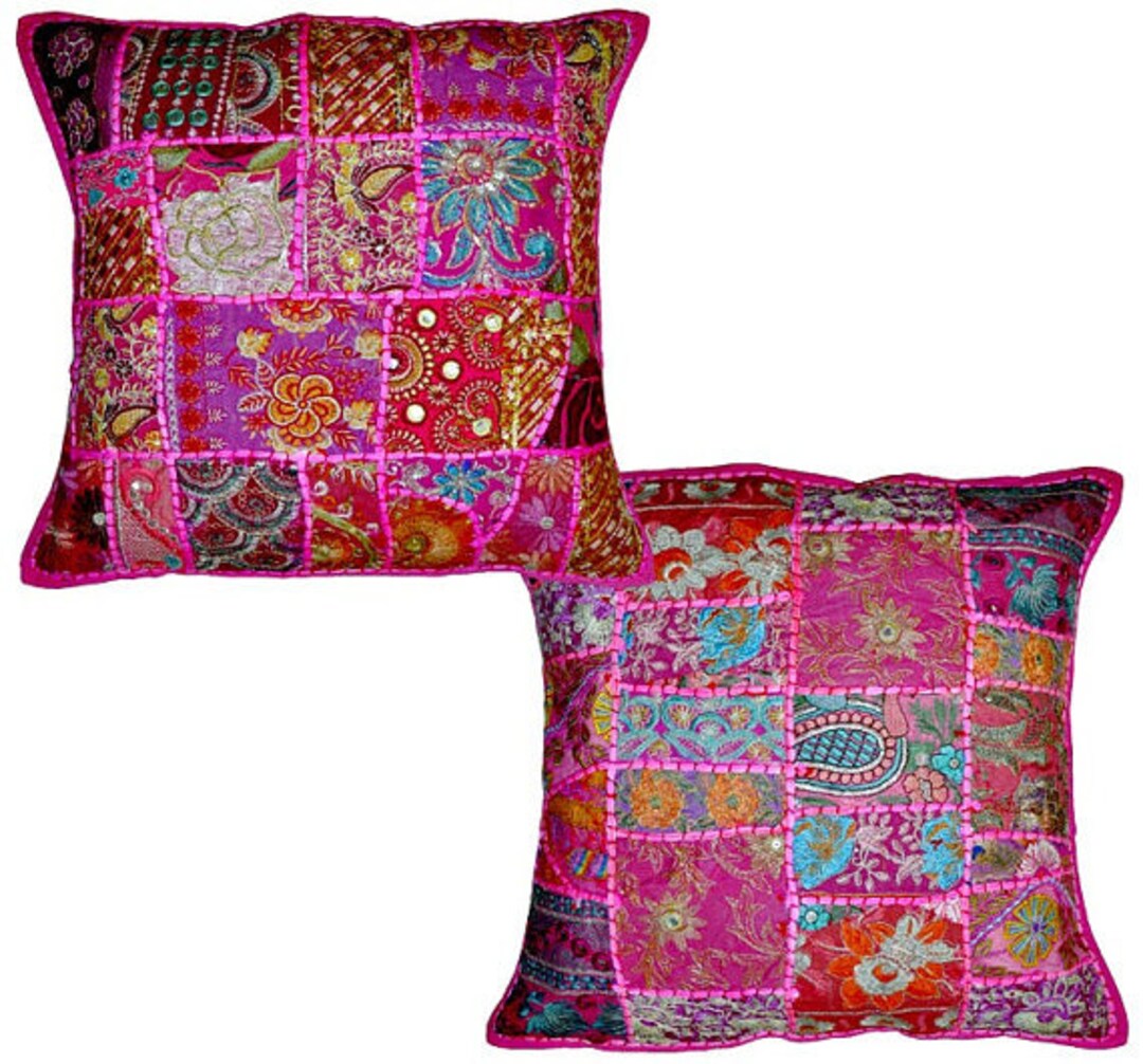 Set of 2pc Pink Patchwork Cushions Indian Embroidered Throw - Etsy