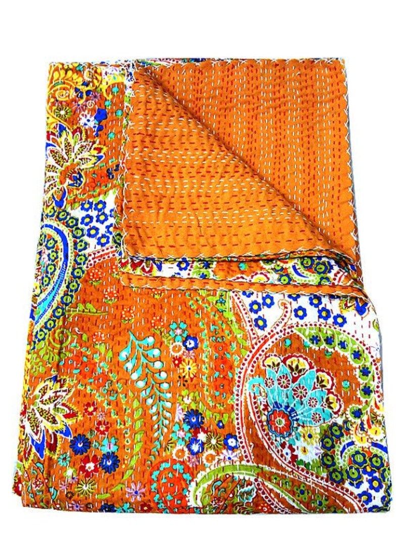 Paisley Kantha Throw Queen Orange Kantha Blanket Hand Stitched Etsy