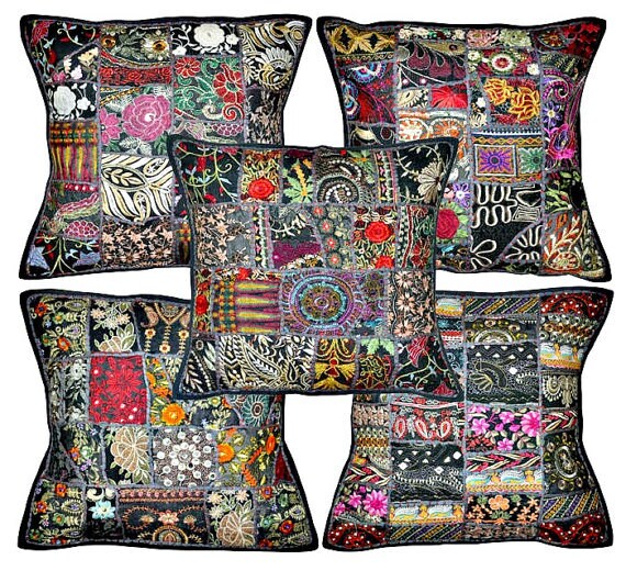 Set Of 5 Black Embroidered Cushions Indian Decorative Throw Pillows For Couch Sofa Boho Patio Chair