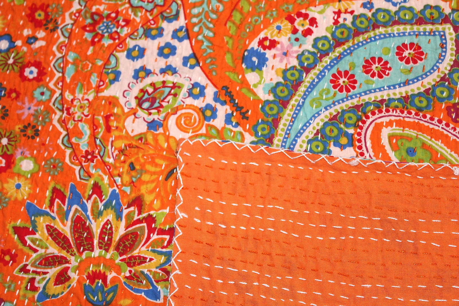 Paisley Kantha Throw Queen Orange Kantha Blanket Hand Stitched Etsy