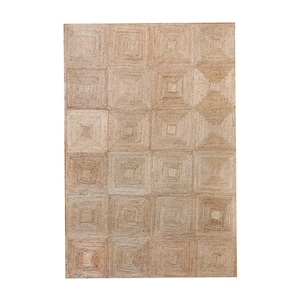 May include: A rectangular jute rug with a geometric square pattern. The rug has a natural, light brown colour and a textured surface. The design consists of multiple squares within squares, creating a visually appealing texture.