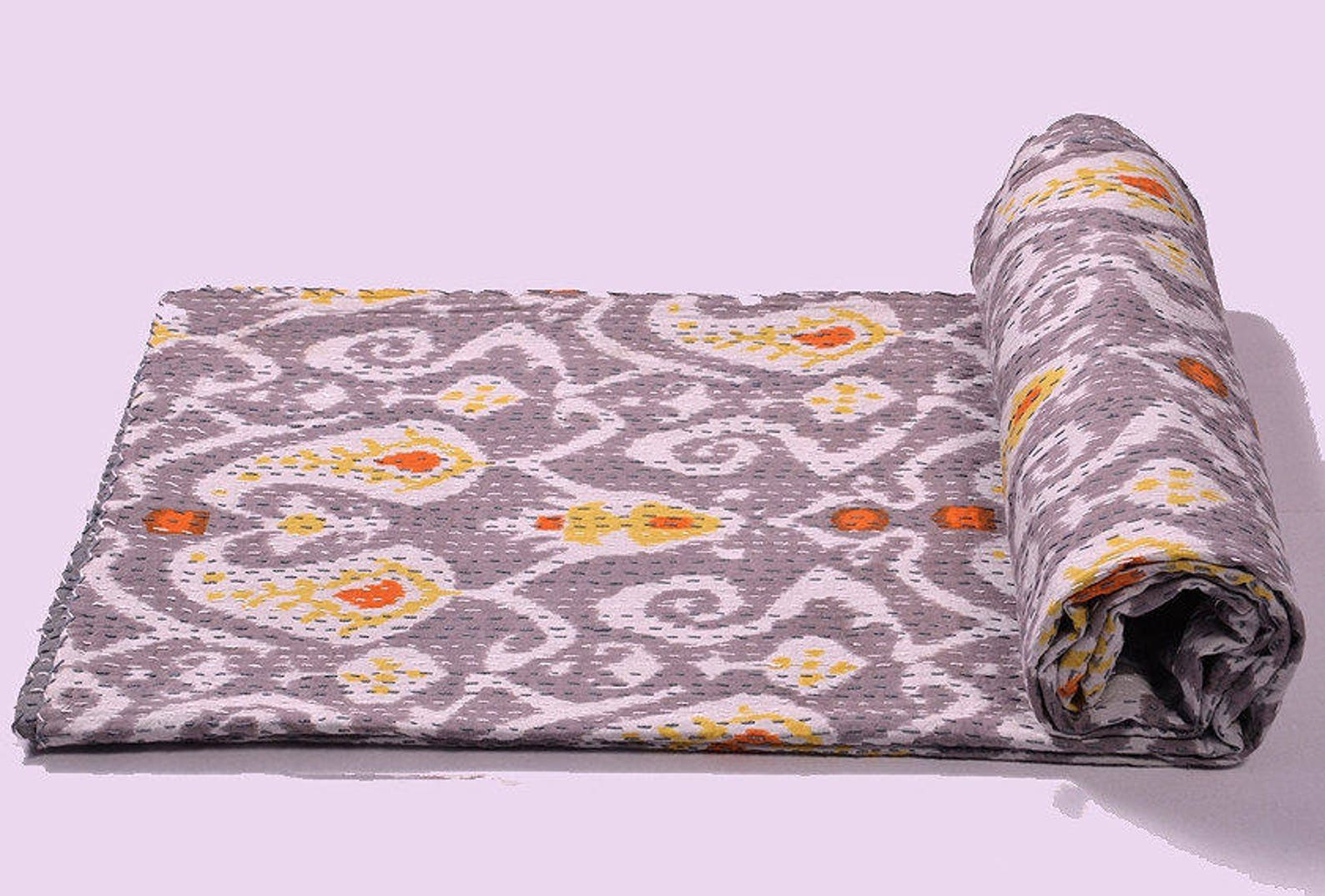 Gray Ikat Kantha Quilt Paisley Kantha Quilt Queen Kantha Etsy