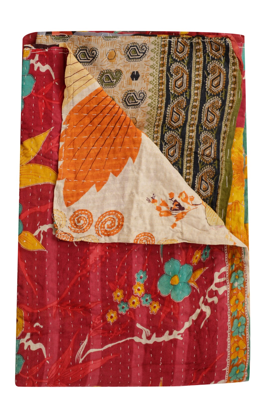 Indian Tribal Kantha Quilt Cotton Twin Throw Old Sari Made Etsy