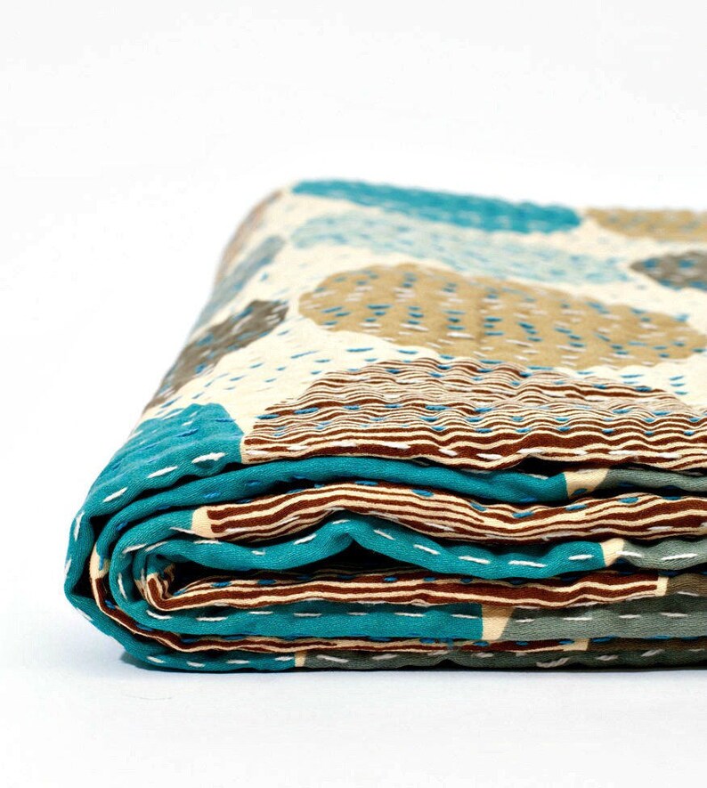 Blue Kantha Quilt in Polka Dot Applique Kantha Blanket Boho Etsy