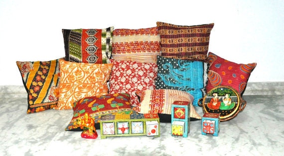 16x16 Inches Kantha Throw Pillows Indian Handmade Decorative Etsy