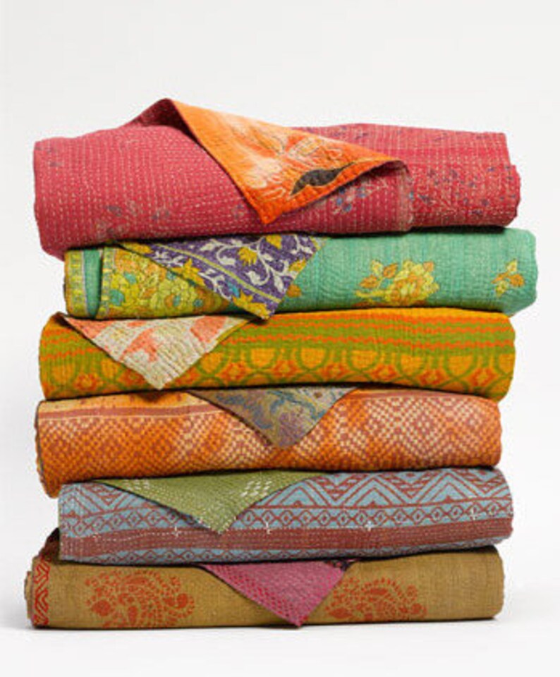 3 pc vintage kantha throw indian handmade kantha quilt hand quilted sari kantha gudri applique baby blanket