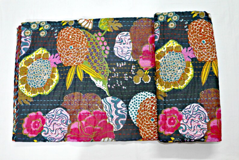 Black Tropical Kantha Quilt in Queen Size Indian Kantha Throw Etsy