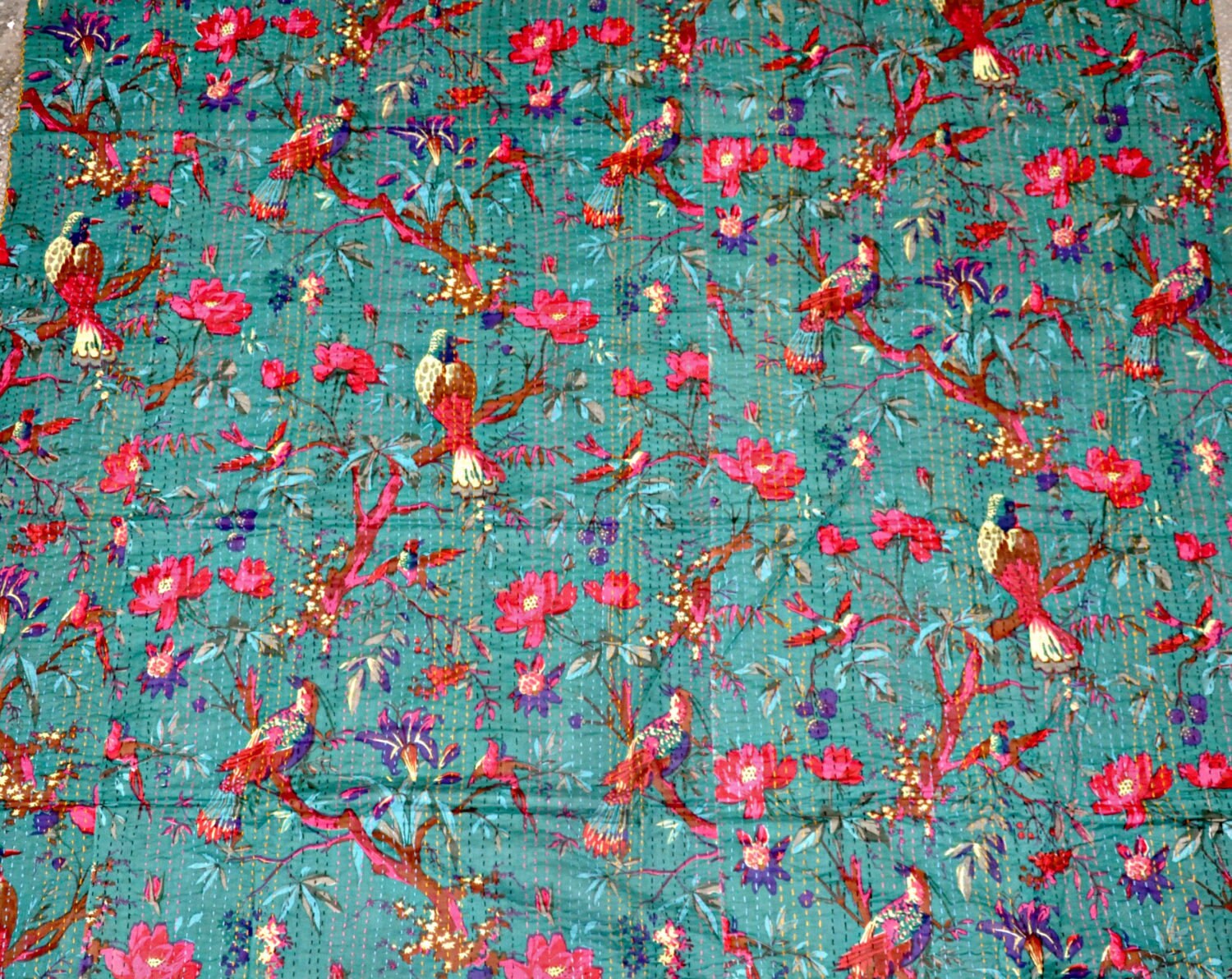 Hand Stitched Kantha Quilts Green Tropical Kantha Bedspread Etsy