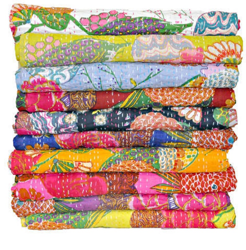 Set of 10 Queen Kantha Bedspread Indian Quilted Kantha Bedding Etsy India