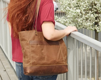 Waxed Canvas Market Bag, Market Tote, Canvas Shoulder Bag with Pocket
