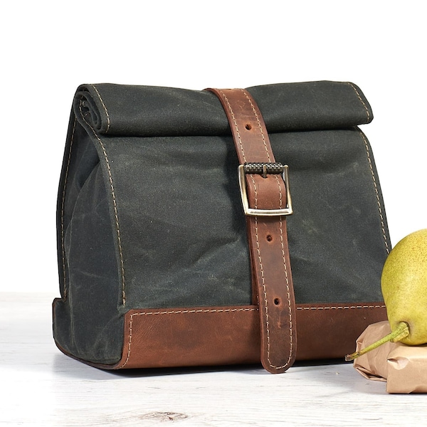 Sac à lunch vert foncé. Boîte à déjeuner. Sac à lunch scolaire. Sac à lunch en toile cirée et cuir avec longue bandoulière. Cadeau personnalisé. Retour à l'école