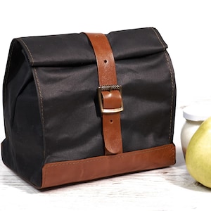 Black lunch bag. Lunch box. Waxed canvas and leather lunch box. Personalized gift. Back to school. organizer bag image 1