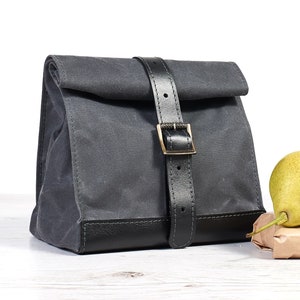 Waxed canvas and leather lunch bag. Grey and black water resistant canvas picnic bag. Personalized gift. Reusable snack bag with strap.