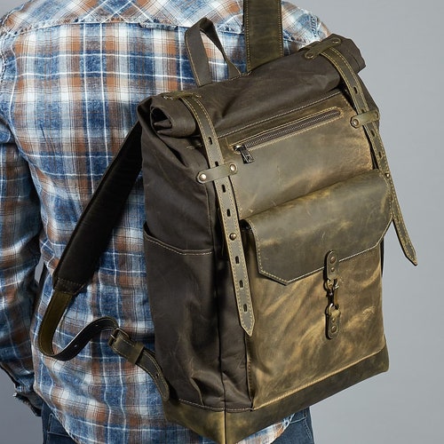 Olive Green Waxed Canvas Backpack. Waterproof Rolltop | Etsy