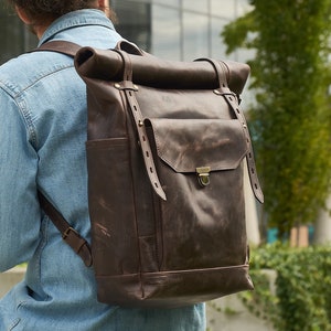 Leather roll top backpack. Leather backpack men, Gift for him, Gift for husband, 17 inch laptop backpack.