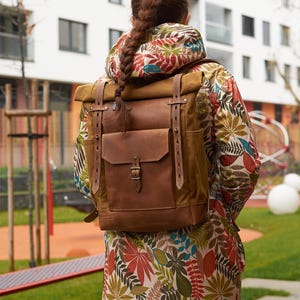 Waxed canvas laptop backpack for Women / Men wax canvas leather back pack. Roll top rucksack Wax canvas bag