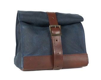 Blue lunch bag. Lunch box. School lunch bag. Waxed canvas and  leather lunch bag. Personalized gift. Back to school