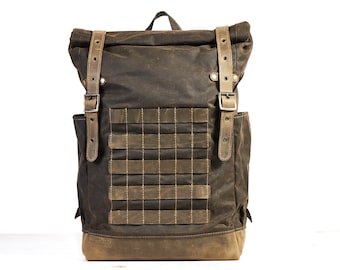 Travel waxed canvas leather backpack. Roll top hiking day pack.