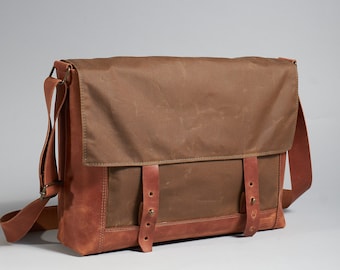 Waxed canvas messenger bag for men. Zip canvas and leather laptop bag. Personalized Commuting Shoulder Bag. Waterproof Briefcase for travel.