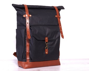 Roll top backpack / Canvas leather backpack Waterproof waxed canvas leather rucksack. Womens / Mens rucksack.