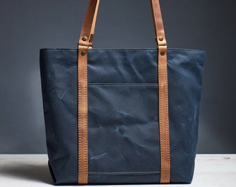 Blue waxed canvas tote bag. Waterproof shoulder bag with leather straps. Personalized canvas tote with zipper. Custom bag woman, men.