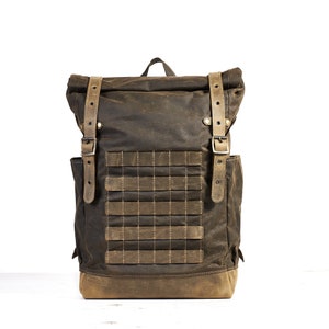 Travel waxed canvas leather backpack. Roll top hiking day pack.