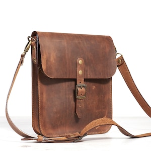 Mens leather shoulder bag. Small leather crossbody bag for tablet. Brown leather saddle bag. Personalized gift image 1