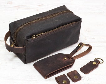 Personalized Travel Accessories Set - Waxed Canvas Dopp Kit, Leather Luggage Tag, Cable Organizer. Business Travel Gift