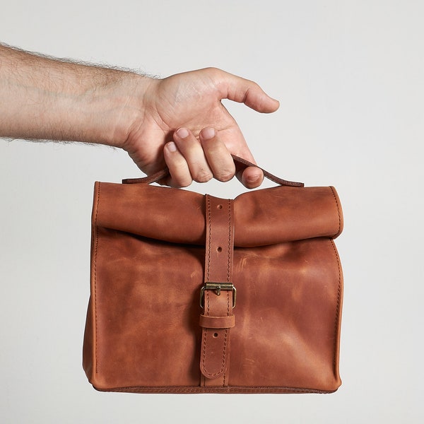 Leather lunch bag. Personalised leather bag. Shoulder leather bag. Leather snacks bag. Handmade Leather Handbag.