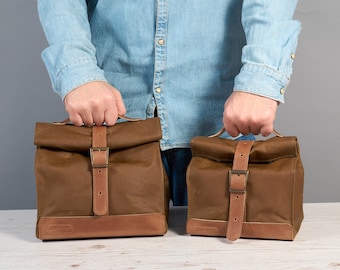 Waxed canvas lunch bag. Waterproof lunch box with leather handle / strap. Personalized gift. Bag for women men. Back to school gift idea.