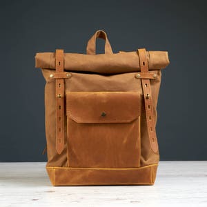 Yellow waxed canvas roll top backpack. Canvas leather school backpack. Personalized gift. Waterproof laptop backpack. Commuter rucksack.